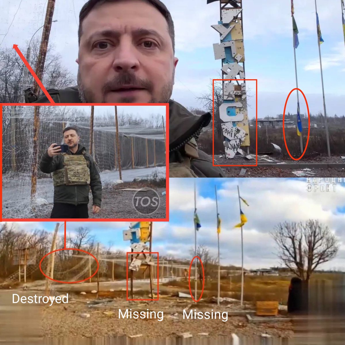 Alex_Oloyede2's tweet photo. ‼️🇺🇦 Zelensky faked the photo of being at Kupyansk for PR purposes, even Ukrainian soldiers are calling him out.

New footage shows half the sign gone and the anti drone nets destroyed. The picture by Zelensky was reportedly taken in late February of 2025. https://t.co/69bLHOnR8O