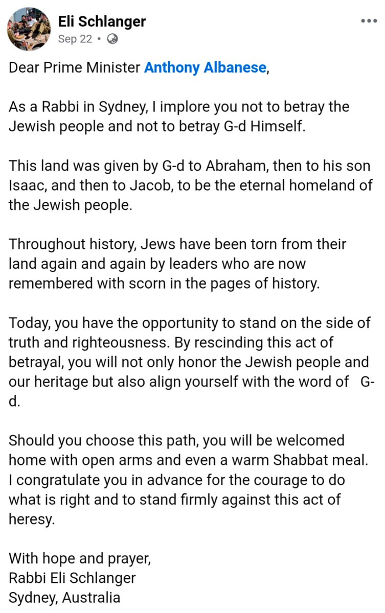 AustralianJA's tweet image. When Australia recognised a non-existent 'State of Palestine', Rabbi Eli Schlanger wrote to Prime Minister Anthony Albanese, urging him to "rescind this act of betrayal" 

Albanese ignored Rabbi Schlanger and today the Rabbi is dead. 

Anti-Israel hate and lies fuel attacks on…