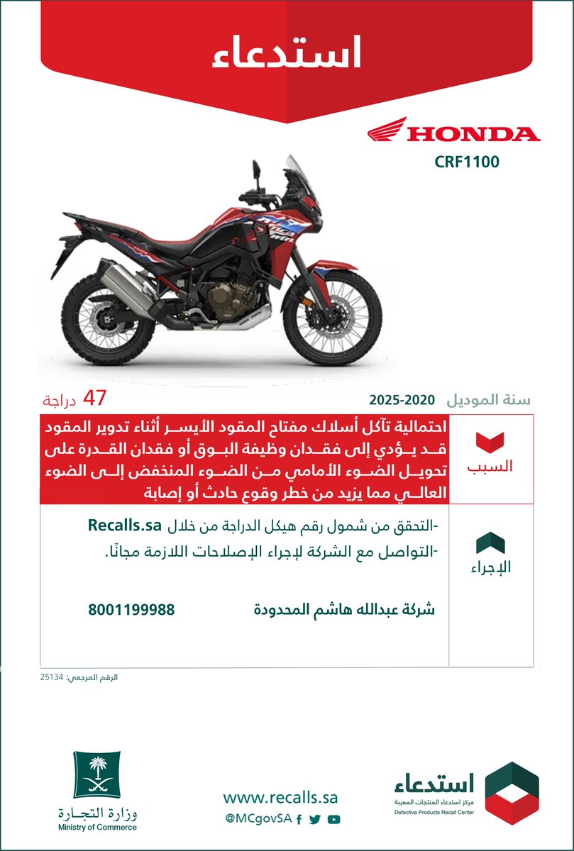 التجارة تعلن عن استدعاء 47 دراجة من نوع هوندا طراز "CRF1100" موديلات 2020 2025 بسبب احتمال تآكل أسلاك مفتاح المقود الأيسر عند تدوير المقود، ما قد يؤدي إلى فقدان وظيفة البوق أو عدم القدرة على تحويل الضوء الأمامي من منخفض إلى مرتفع مما يزيد من خطر الحوادث والإصابات 