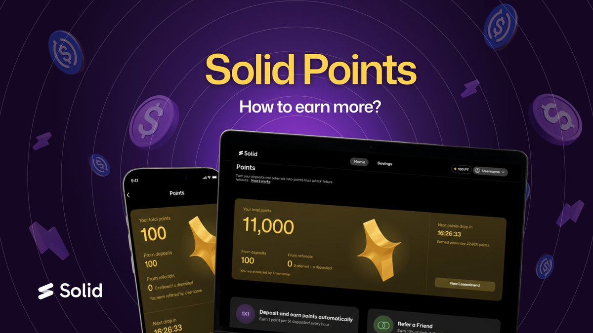 🪂 Solid — Points Program is LIVE

<a href="/SolidYield/">Solid.xyz</a> is building an onchain bank where your balance earns yield automatically — and you can spend it gasless, like a Web3 Revolut.

➫ 8–14% yield on stablecoins
➫ Fully automatic (no vaults, no restaking)
➫ Mobile + web
➫