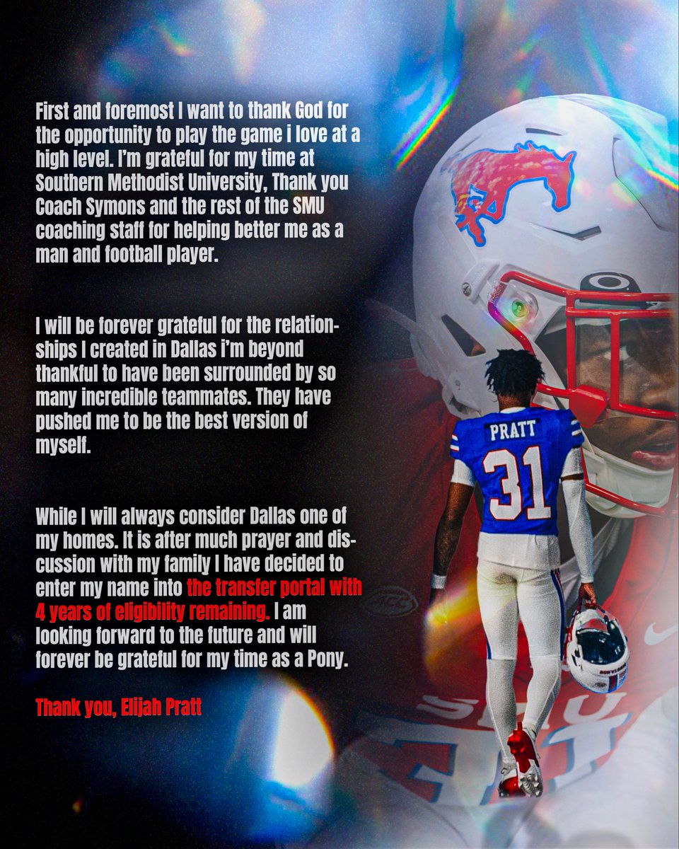 ElijahPratt_'s tweet image. Thank You God 💙!

I will be entering the transfer portal with 4 years of eligibility remaining .