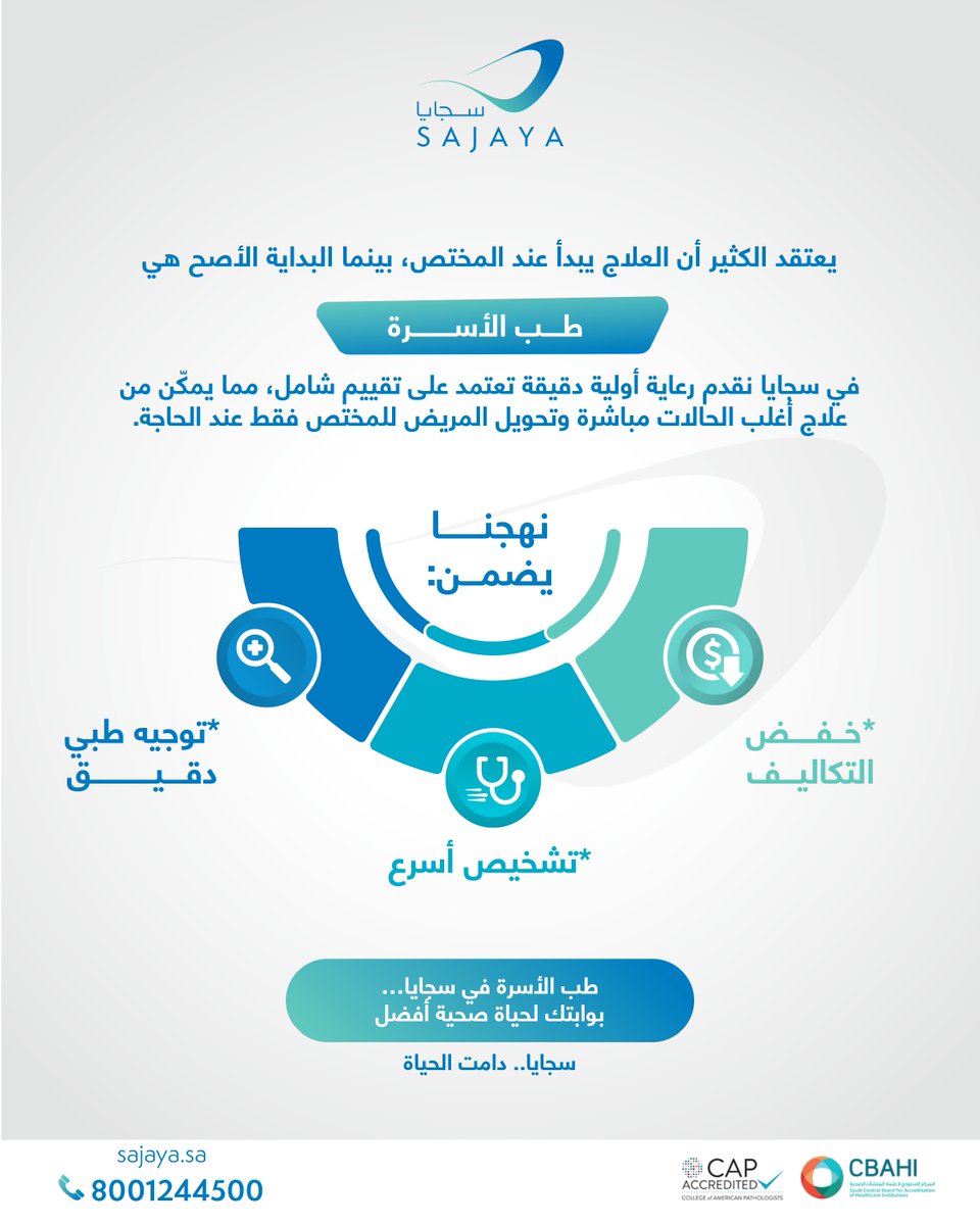 في #طب_الأسرة بسجايا
نوفّر عليك الوقت، الجهد، وتعدد المواعيد
تشخيص شامل، متابعة مستمرة، وتحويل ذكي عند الحاجة فقط👌

ابدأ صح ✔️
احجز في عيادة طب الأسرة واجعل تشخيصك أول خطوة نحو صحة أفضل

📞 8001244500
🌐 sajaya.sa

#سجايا_دامت_الحياة

#سجايا_للرعاية_الطبية