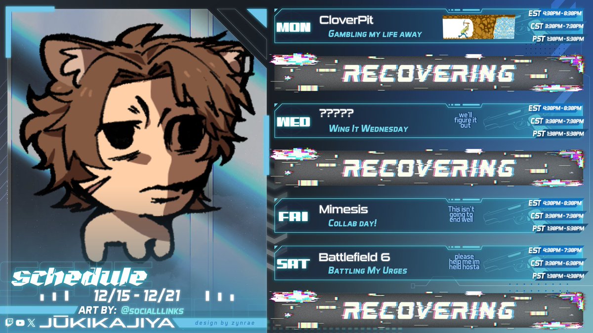 🐹HIYA POOKIES!🐹

🐹The new week is upon us so here's the schedule we made on Saturday during stream!

🐹We've got a really fun collab day planned on Friday with the gang and I can't wait for the laughs!

🐹Lets do this!

Panel🎨- @/zzzynrae
Showcase📷- @/socialllinks