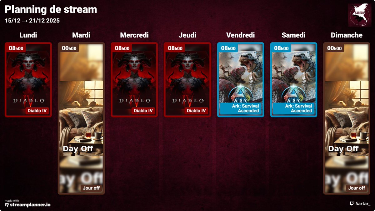 📅 Planning de stream – semaine du 15→21/12

Deux jours off (mardi &amp; dimanche).
On continue #DiabloIV en semaine ⚔️
🔥 Retour d’ARK avec Lost Colony dès vendredi matin (si tout va bien 👀).
Merci pour le soutien, la hype est énorme 💙
#TwitchFR  #ARKAscended #Streaming #GamingFR