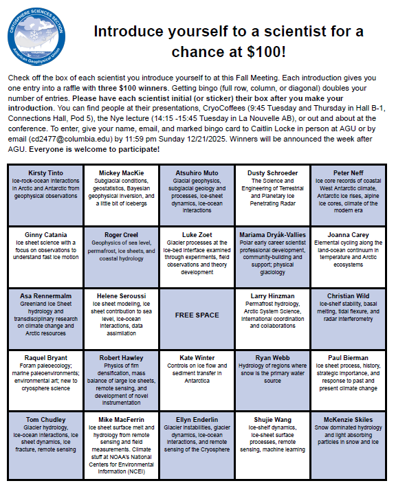 glacier_doc's tweet photo. If you are going to #AGU25 in New Orleans this week, come find me to fill out your Cryosphere BINGO board! I'll be at CryoCoffee &amp; the Nye lecture on Tuesday &amp; milling around otherwise. https://t.co/Ryu0w1Lks5