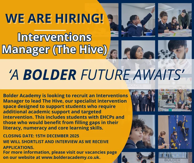 Don&rsquo;t miss the opportunity to join Bolder Academy as our Interventions Manager leading The Hive.

Applications close tomorrow! To apply and for more information, please visit - tes.com/jobs/vacancy/interve&hellip; Image