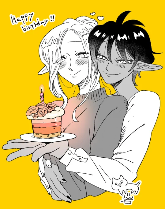 12/14はライトの誕生日!! おめでとうライト 年の数のろうそくは大変なので100歳=一本でいくのがエルフ式 #透明男と人間女