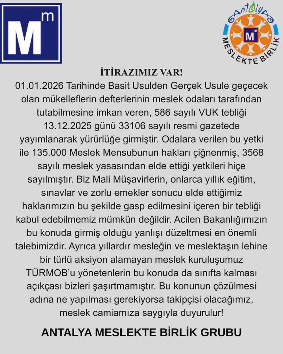 Defter tutma yetkisi, 3568 sayılı Meslek Yasası ile Mali Müşavirlere verilmiştir. Bu yetki, 586 Sıra No.lu Tebliğ ile yetki sahibi olmayan  esnaf odalarına devredilemez. Hukuken geçersizdir. 
#SMMMYetkiGaspınaHayır 
#turmob <a href="/turmob/">TÜRMOB</a>
<a href="/TBMMresmi/">TBMM</a> <a href="/RTErdogan/">Recep Tayyip Erdoğan</a>