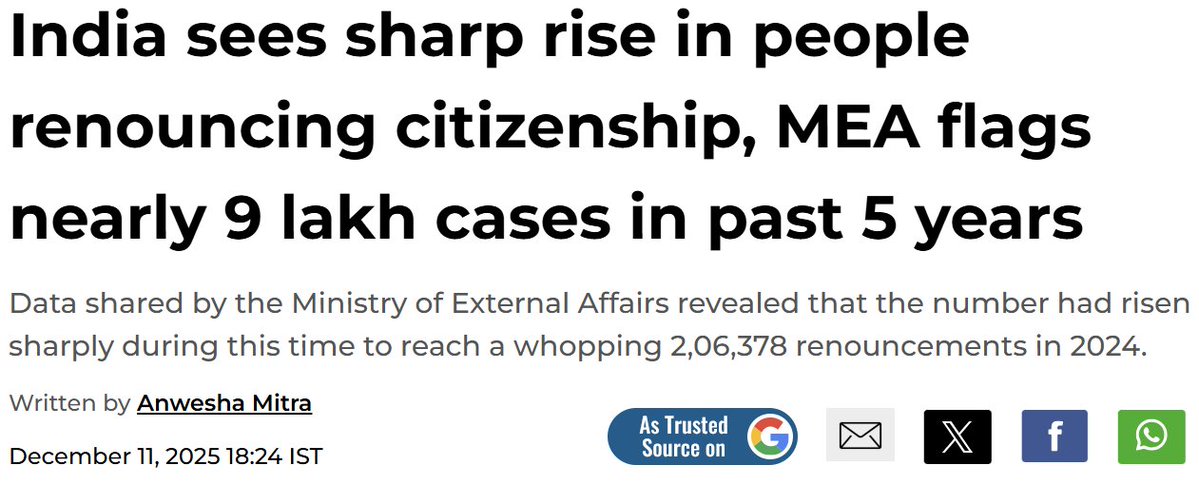 PropertyDecoder's tweet image. Brilliant macro signal for Indian real estate 👍

The more Indians give up their citizenship, the more “NRIs” we create... and obviously, more future NRI investors 📈 for luxury/ultra-luxury Indian real estate.

So, this looks more like a brilliant well-curated strategy.

Who…