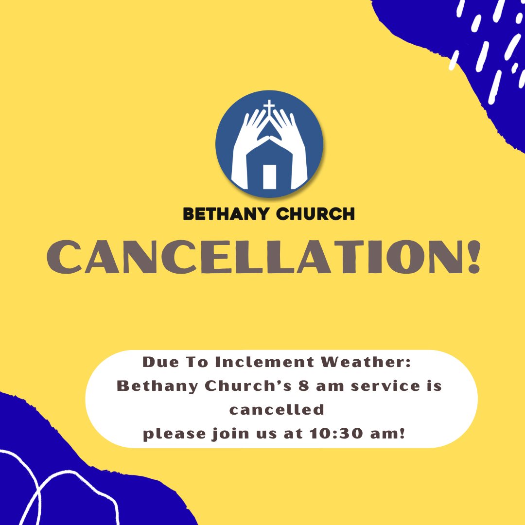 PABethanyChurch's tweet photo. CANCELLATION: Due to inclement weather, Bethany Church’s 8am service and Sunday school hour are cancelled.

Please join us for our 10:30am service. https://t.co/mab5jQLK1W