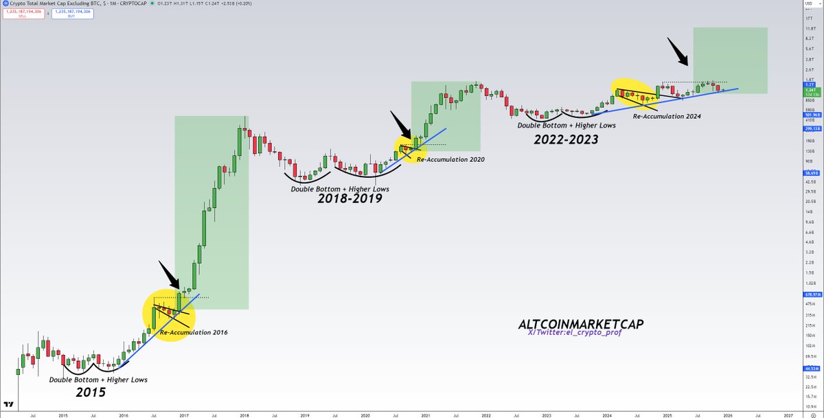#Altcoins 

TOTAL2 macro picture. 

It repeats the last cycles, it just takes longer.