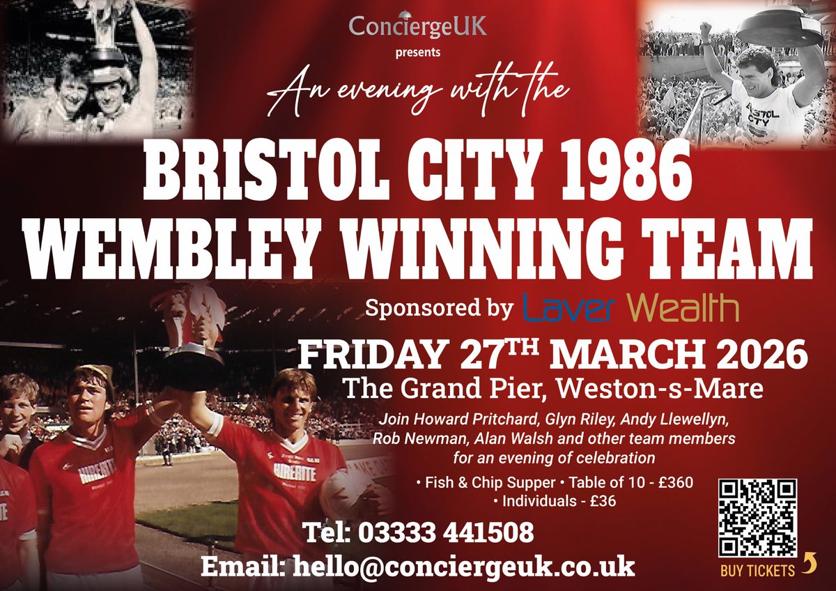 Join the us for the 40th Anniversary of the Wembley triumph 🔴⚪️ 
On The Grand Pier, Weston-s-Mare. Friday 27th March 2026. buytickets.at/conciergeuk/19…
#BristolCity #wembley <a href="/BristolCity/">Bristol City FC</a> <a href="/bristolcitylive/">Bristol City Live</a>
