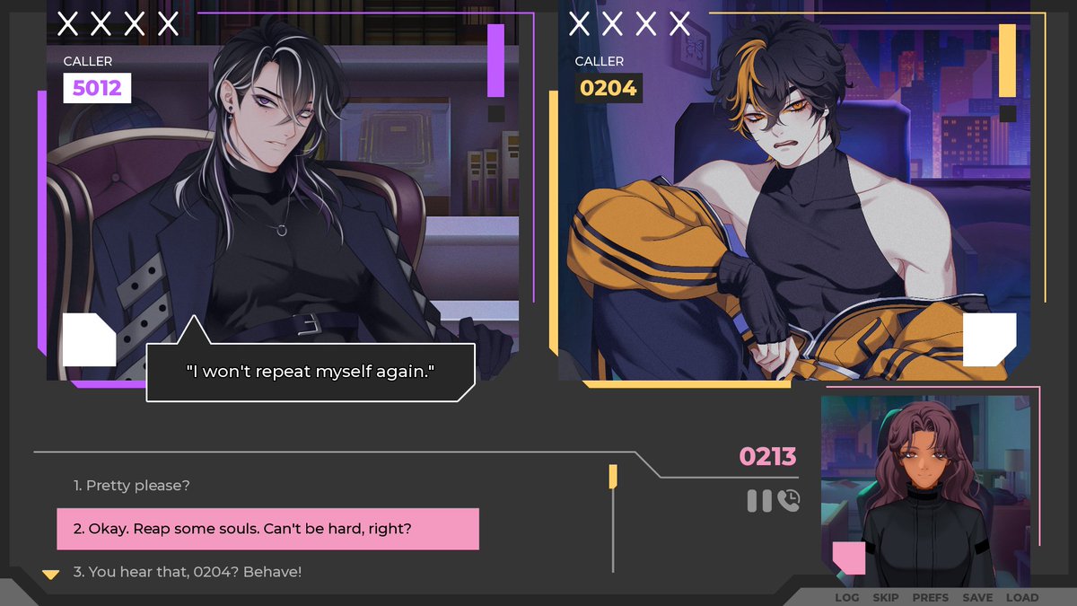 TwoHalfStudios's tweet image. In A Date with Death 2: REMNANTS, you'll play as 0213, a Grim Reaper recruit fresh to the Underworld.

Get to know your two teammates and play through a 7 day common route, then one of two 7 day romance routes with 5012 or 0204 for a total of 21 original days of gameplay!