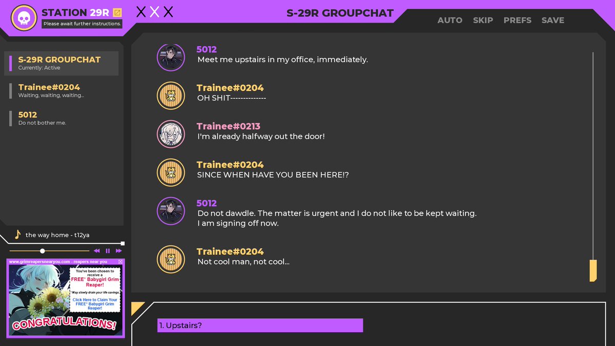 TwoHalfStudios's tweet image. In A Date with Death 2: REMNANTS, you'll play as 0213, a Grim Reaper recruit fresh to the Underworld.

Get to know your two teammates and play through a 7 day common route, then one of two 7 day romance routes with 5012 or 0204 for a total of 21 original days of gameplay!