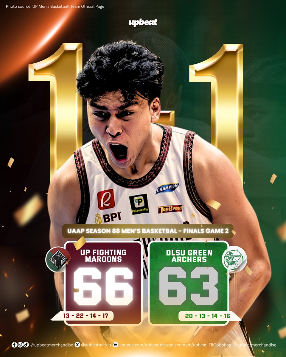 ALL EVEN. ALL IN. 🔥

UP def. DLSU, 66-63.

The Maroons strike back, knotting the series at 1–1. The fight just got louder and fiercer as they march to Game 3 on Wednesday at Araneta.

📸 UP Men’s Basketball Team Official Page

#WearYourPride
#UPFight
#UAAPSeason88