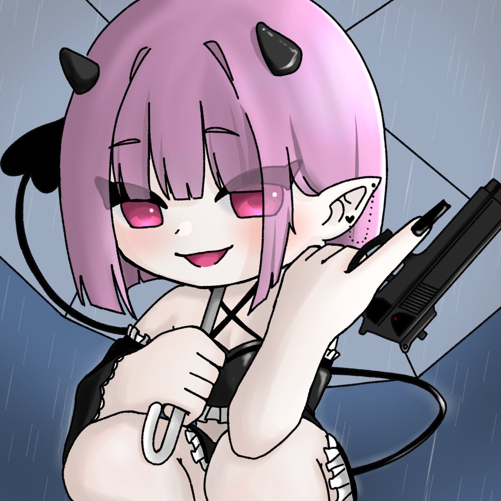 半年ぶりに絵を描きました…。お題ルーレットで出た「サキュバス×ボブ×雨×ハンドガン」です👼