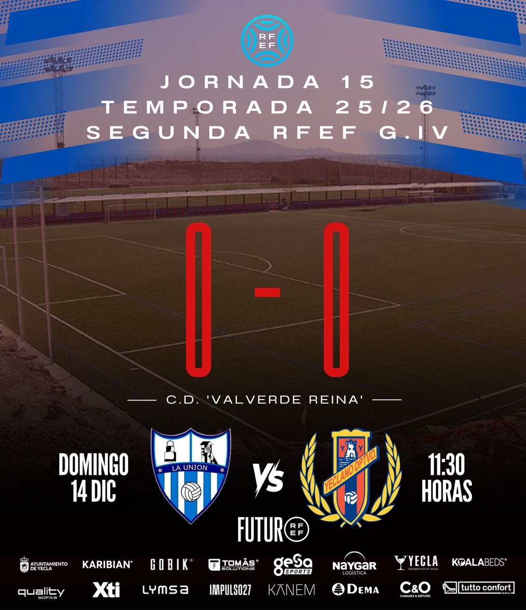 #LaUniónYeclano ⚔️

45'+ ⏱️ |0-0| ⏸🏟 ¡Llegamos al descanso tras esta primera mitad con ocasiones 🆚️ FC La Unión Atlético (<a href="/CDUMalacitano/">CD Unión Malacitano</a>) pero no se mueve el marcador inicial! 🥅✖️

#NoDudaría 💙❤️
#SegundaRFEF 📊
#GraciasAfición 📢