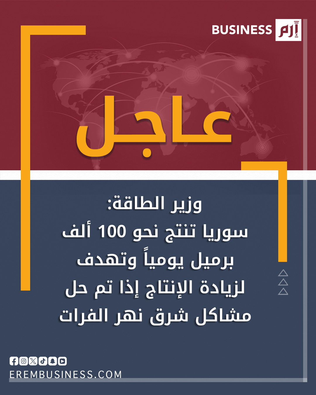 عاجل وزير الطاقة: سوريا تنتج نحو 100 ألف برميل يومياً وتهدف لزيادة الإنتاج إذا تم حل مشاكل شرق نهر الفرات 