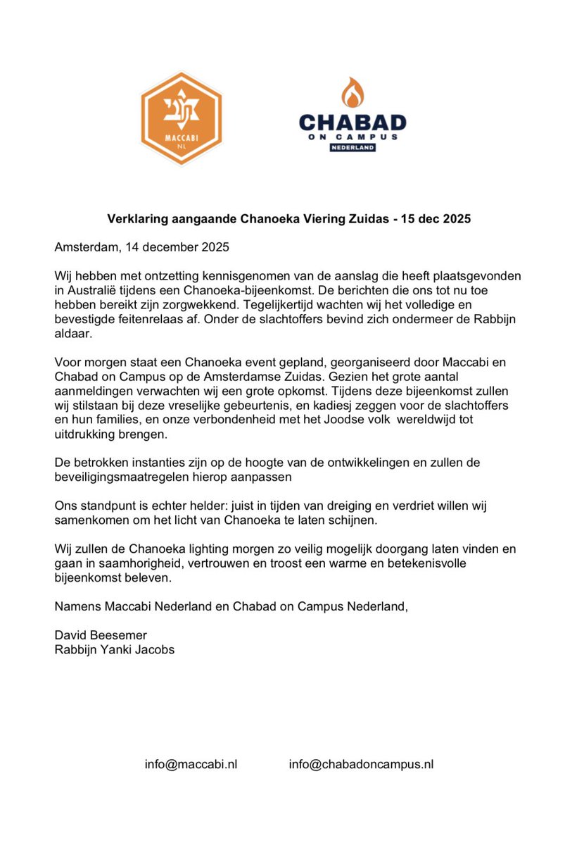 Verklaring aangaande Chanoeka Viering Zuidas - 15 dec 2025 #maccabiNL #ChabadonCampusNL