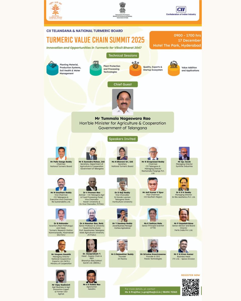 National Turmeric Board in collaboration with CII Telangana is hosting the Turmeric Value Chain Summit 2025 on 17 Dec in Hyderabad.
Theme: Innovation &amp; Opportunities in Turmeric for Viksit Bharat 2047.
Register: lnkd.in/g3QrDGXZ
#TurmericValueChain #ViksitBharat2047