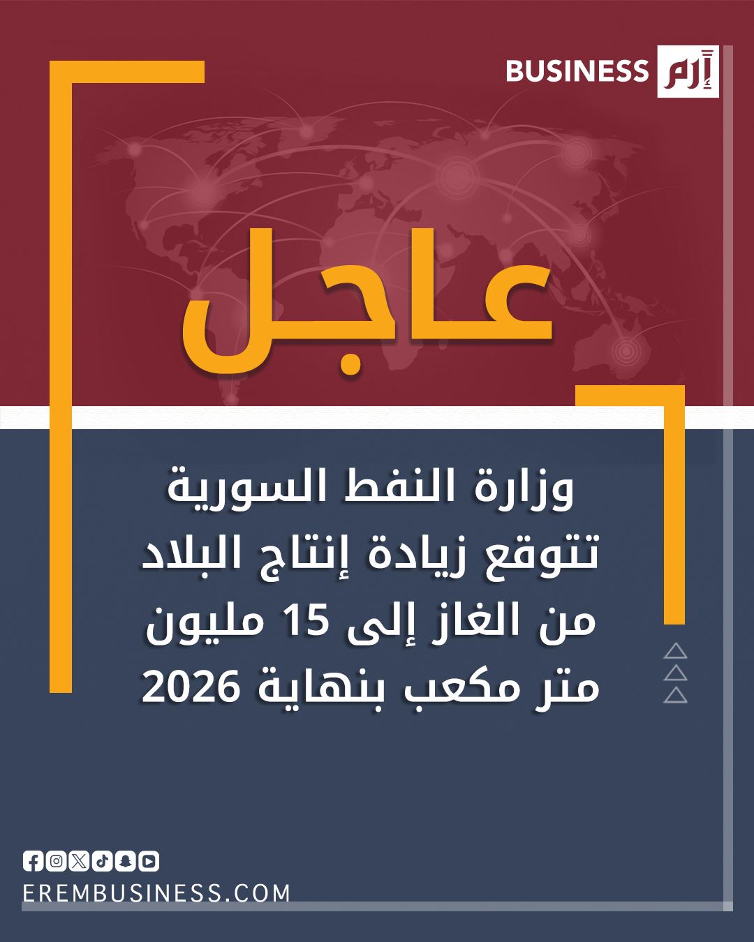 عاجل وزارة النفط السورية تتوقع زيادة إنتاج سوريا من الغاز إلى 15 مليون متر مكعب بنهاية 2026 