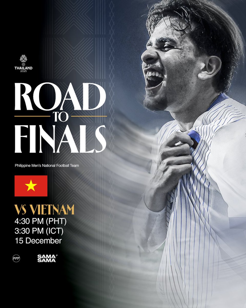 TOMORROW, WE BATTLE AGAIN!  Locked in for semifinals! 🔥⚔️🇵🇭

🆚 Vietnam 🇻🇳
🕖 3:30 PM Local Time / 4:30 PM PHT
🏟️ Rajamangala Stadium, Bangkok
📺 Pilipinas Live, One Sports, One Sports+

#PFF #SEAG2025