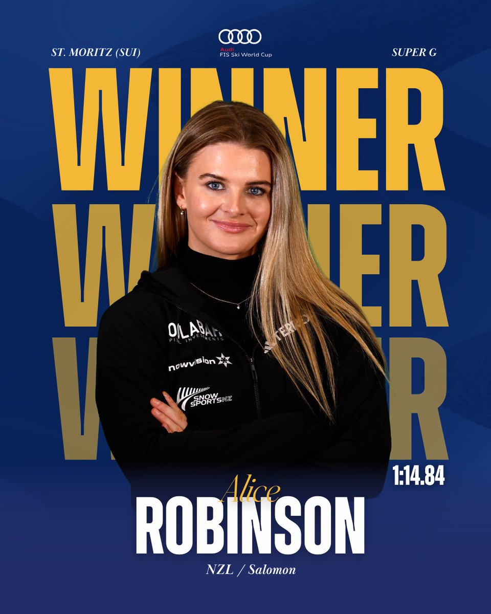 fisalpine's tweet photo. ALICE ROBINSON WINS IN ST. MORITZ! 🏆
Her first Super G victory and World Cup win number seven. What a start to the season for Alice! 🇳🇿🔥

🥈 Romane Miradoli 🇫🇷 (+0.08)
🥉 Sofia Goggia 🇮🇹 (+0.19)

#FISAlpine #WorldCupStMoritz https://t.co/XfkTZM0VrF