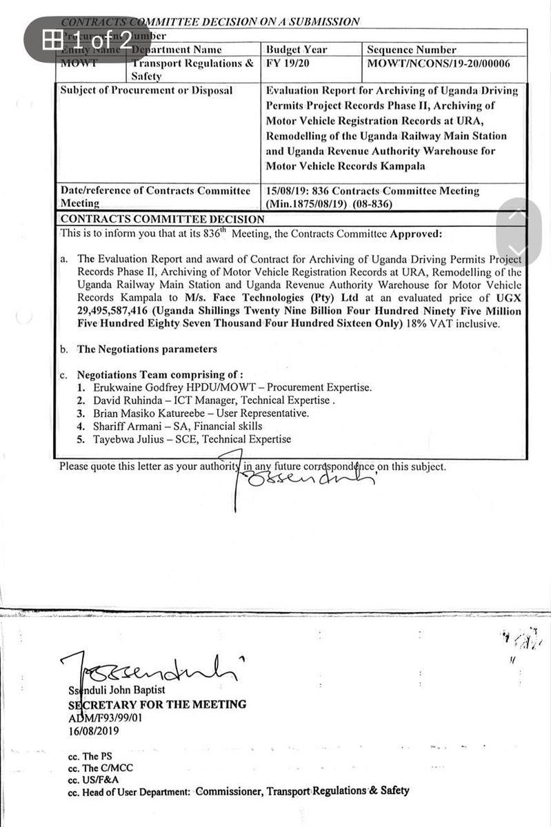 NinyeTabz's tweet image. Under Katushabe Winstone’s superintendency a procurement requisition was made on the 28/06/2019, a contract of 29.5BN is awarded on 16/08/2019, 48 days later! And by 21/01/2020, 159 days later, the taxpayer has already paid 15BN of that!

Record time transactions we talk about!