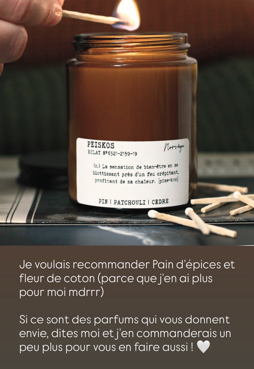 BOUGIES 🕯️💫

A mon retour de stream, vous  avez été quelques-uns à me demander s’il y avait moyen que je refasse des bougies !

Je n’ai plus bcp de stock, je vous partage la liste en espérant que vous y trouverez votre bonheur !

Voila les parfums disponibles 🩷