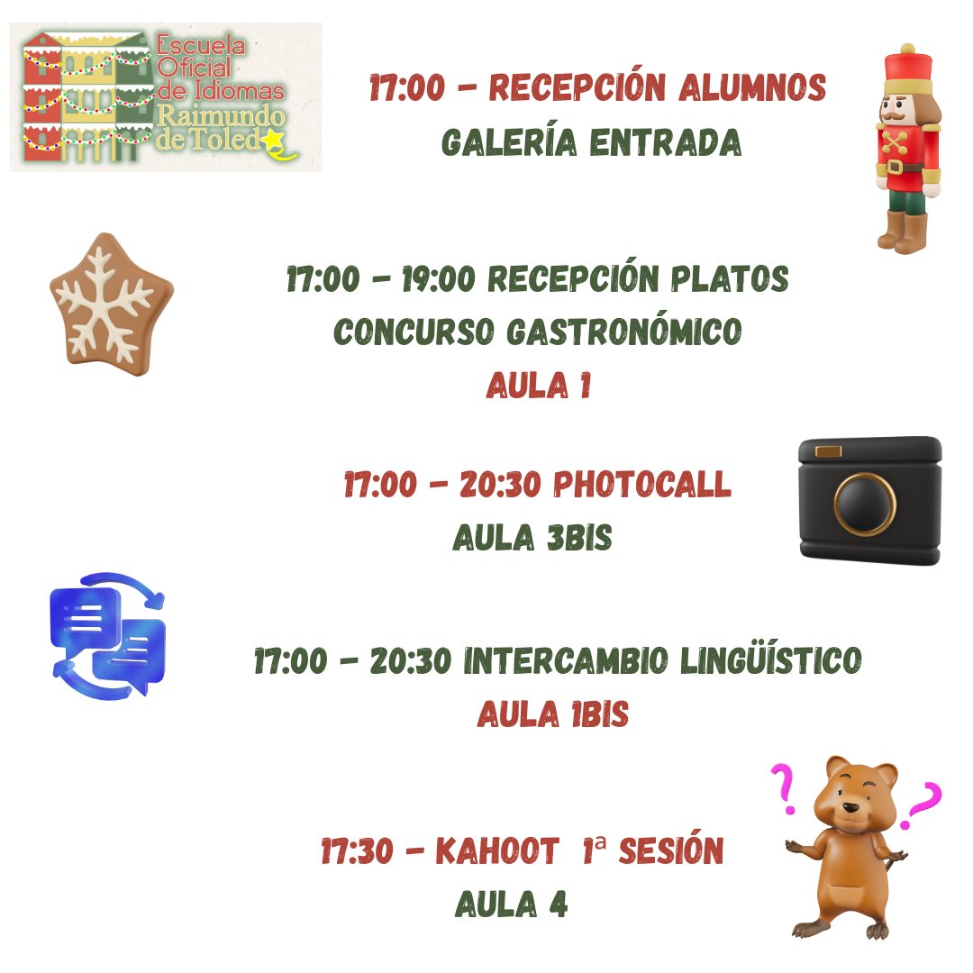 eoitoledo's tweet photo. 🎄✨ ¡FELIZ NAVIDAD! ✨🎄
La EOI Raimundo de Toledo te invita a su GRAN FIESTA DE NAVIDAD 🎉

📅 Miércoles, 17 de diciembre
⏰ De 17:00 a 20:30
📍 En nuestra escuela

🎈 ¿QUÉ TE ESPERA?
🗣️ Intercambio lingüístico
📸 Photocall navideño
🎤 Karaoke
🎉 Campanadas, 12 uvas y mucho más https://t.co/oPTpdCo5rC