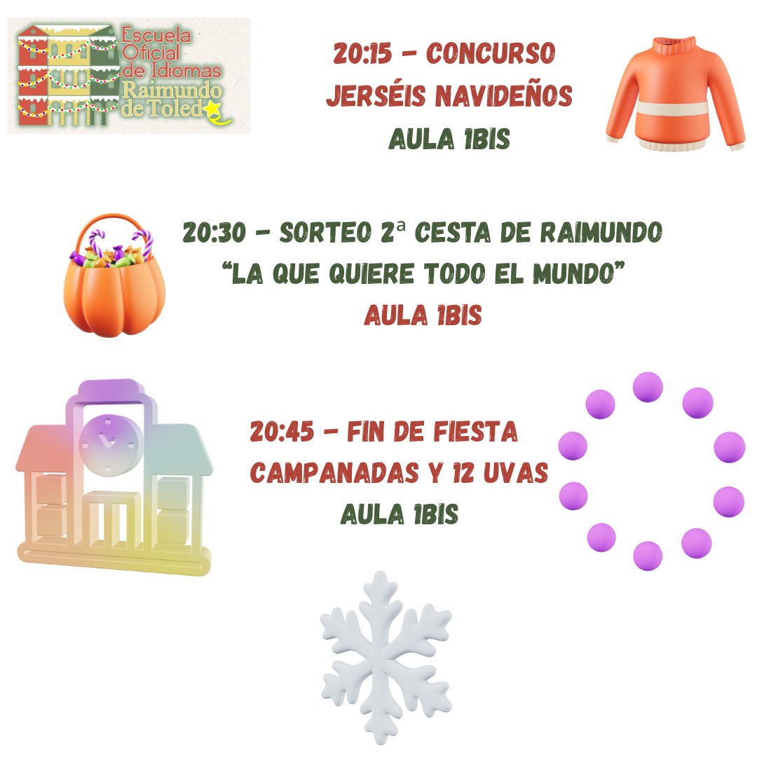 eoitoledo's tweet photo. 🎄✨ ¡FELIZ NAVIDAD! ✨🎄
La EOI Raimundo de Toledo te invita a su GRAN FIESTA DE NAVIDAD 🎉

📅 Miércoles, 17 de diciembre
⏰ De 17:00 a 20:30
📍 En nuestra escuela

🎈 ¿QUÉ TE ESPERA?
🗣️ Intercambio lingüístico
📸 Photocall navideño
🎤 Karaoke
🎉 Campanadas, 12 uvas y mucho más https://t.co/oPTpdCo5rC