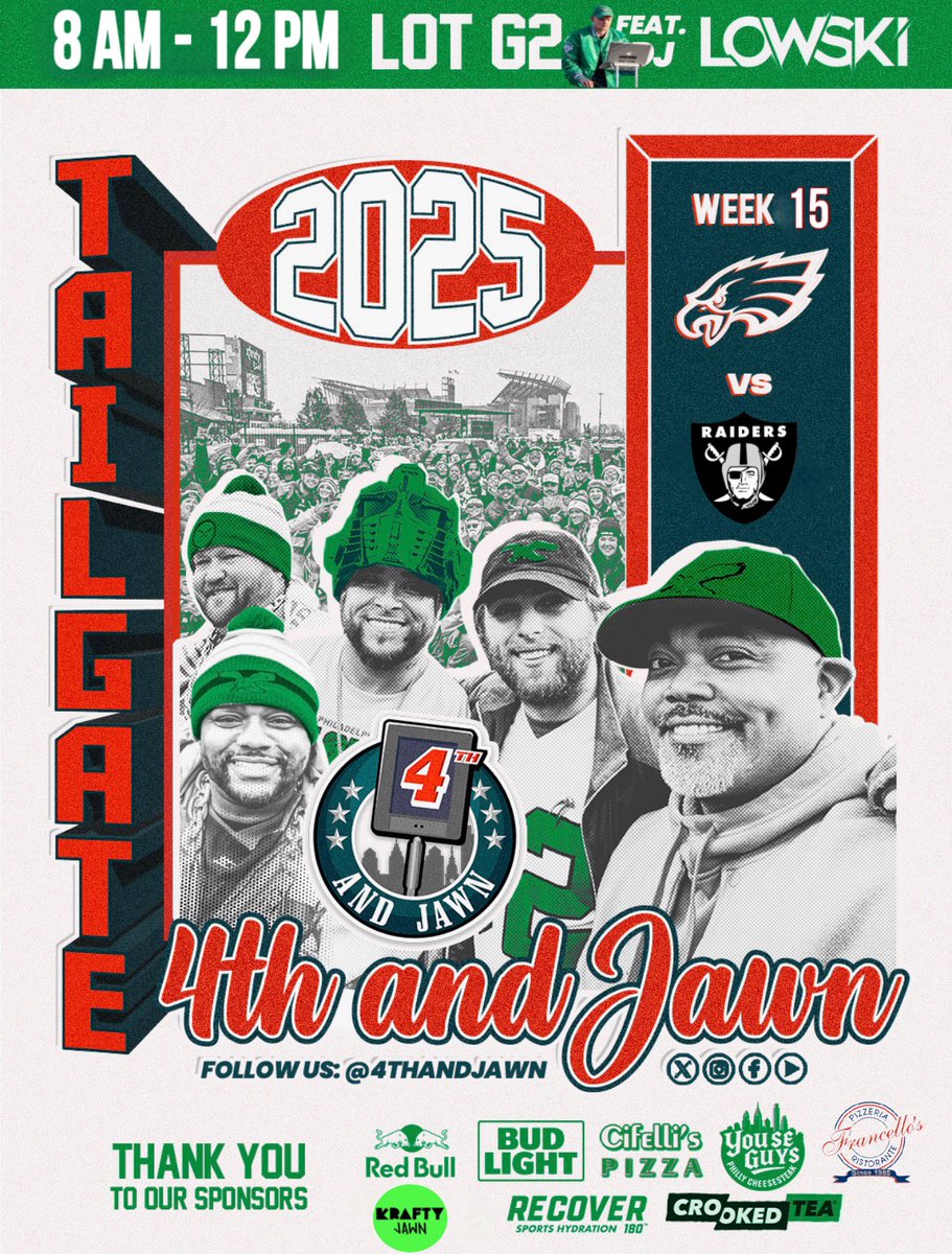 4thandJawn's tweet photo. #4thandjawn #Eagles #Raiders TAILGATE 
• FREE to attend…FREE Food and drink! (Bring whatever you like to eat or drink)
• Lot G2
• Beer provided by @budlight 
•Hard Ice Tea by @crookedtea 
• Hydration by @drinkrecover 
• Cheesesteaks by @HollywoodHearn 
• Pizza by Francello’s Pizzeria & Ristorante
•Steaks provided by Cifelli’s Pizza 

👉*While supplies last* 

🎶by DJ Lowski 

Free to attend. Bring the Eagles vibes!

Flyer design by @winescreative 
#4thandjawn #4thandjawntailgate #eagleseverywhere #eagles #flyeaglesfly #hydratebetter