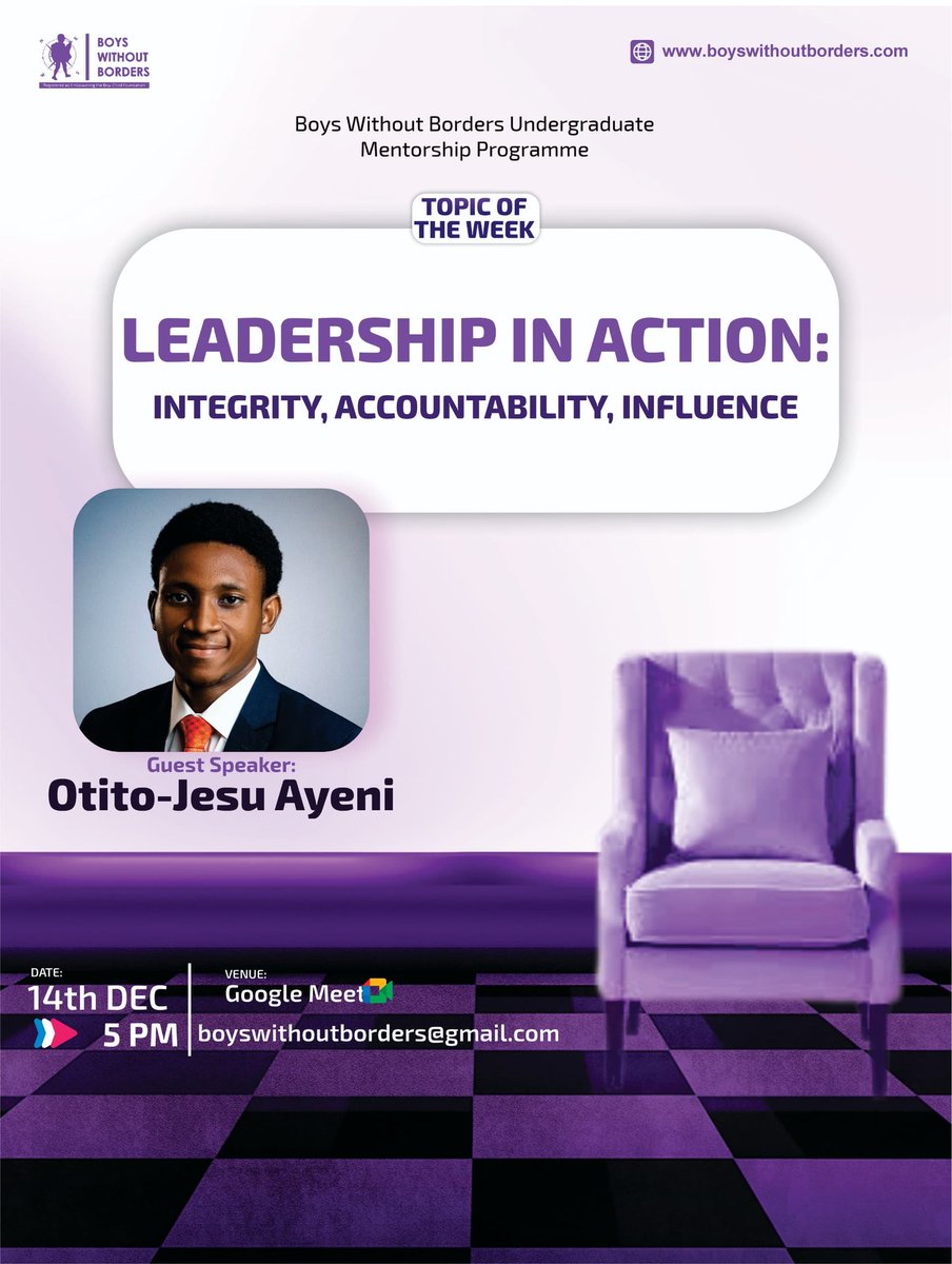 Today, our mentees are going to be exploring Leadership in Action: Integrity, Accountability, Influence with Otito-Jesu Ayeni.

Join us today by 5pm.
Venue: meet.google.com/etk-rwpk-ugf

To raising functional men! 🥂✨

#BWBNG #BWBUMP #Mentorship #Leadership