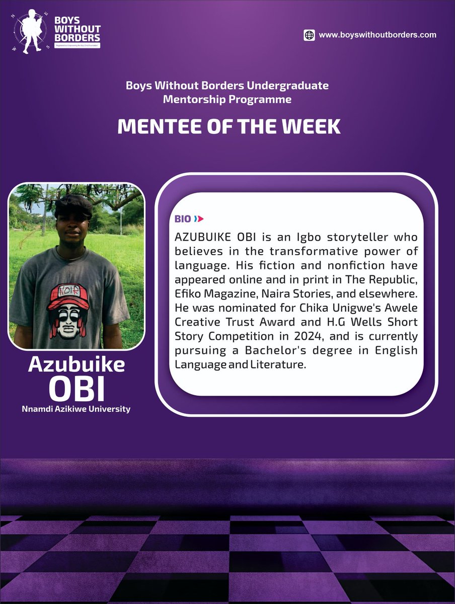 Mentee Spotlight ✨ 

Meet Azubuike Obi, last week’s Mentee of the Week from our Undergraduate Mentorship Programme.

Cheers to growth, transformation, and breaking borders 🥂. 

#BWBUMP #BWBNG #Mentorship #MenteeoftheWeek