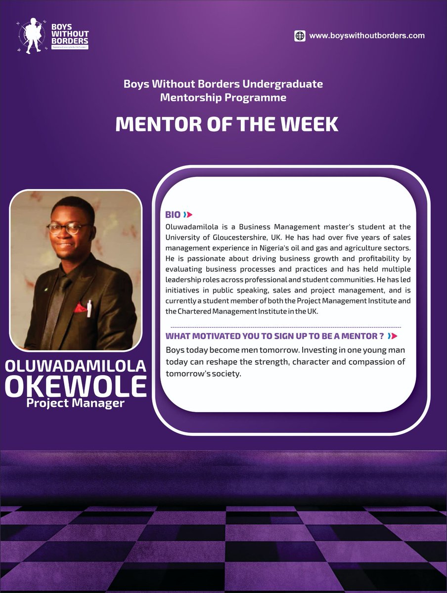 Mentor Spotlight ✨

Meet Oluwadamilola Okewole, last week’s Mentor of the Week from our Undergraduate Mentorship Programme.

Thank you for pouring out into the younger generation. Cheers to impact, growth, and breaking borders 🥂. 

#BWBUMP #BWBNG #Mentorship #MentoroftheWeek