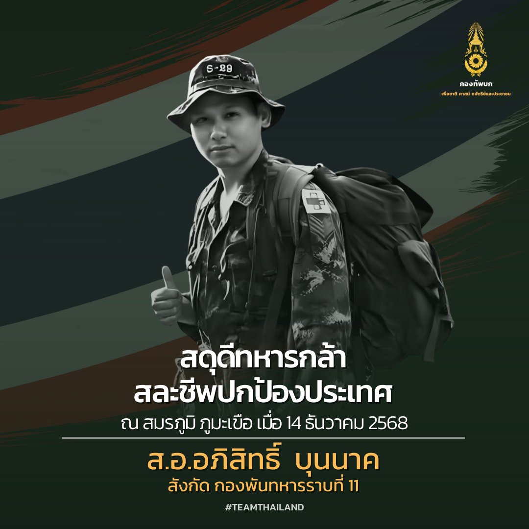 armypr_news's tweet photo. 🇹🇭 สดุดีทหารกล้า  🇹🇭
16. ส.อ. อภิสิทธิ์ บุนนาค
สังกัด กองพันทหารราบที่ 11
ณ สมรภูมิ ภูมะเขือ เมื่อ 14 ธันวาคม 2568

*ข้อมูล ณ วันที่ 14 ธ.ค.68
กองทัพบกขอสดุดีแด่กำลังพลผู้เสียชีวิตจากการปฏิบัติหน้าที่ปกป้องอธิปไตยของชาติ และจะดูแลสิทธิและสวัสดิการของทหารกล้าเหล่านี้ให้ดีที่สุด
#สดุดีทหารกล้า #TEAMTHAILAND
#กองทัพบก #RIP  #RTA
#ยุทธบดินทร์ #ยุทธบดินทร์68