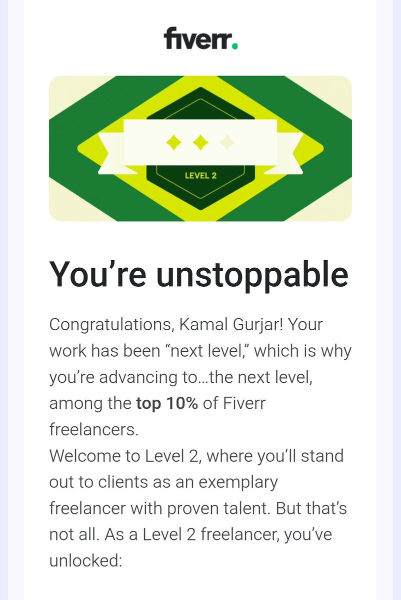 KamalGurjar8's tweet image. Just hit Level 2 on Fiverr 🎉
Grateful for the trust, the clients, and the journey so far.
Top 10% on Fiverr — this is just the beginning.

Consistency, quality, and communication really do compound.
On to the next level 🚀
@fiverr #Fiverr #LevelUp #freelancer