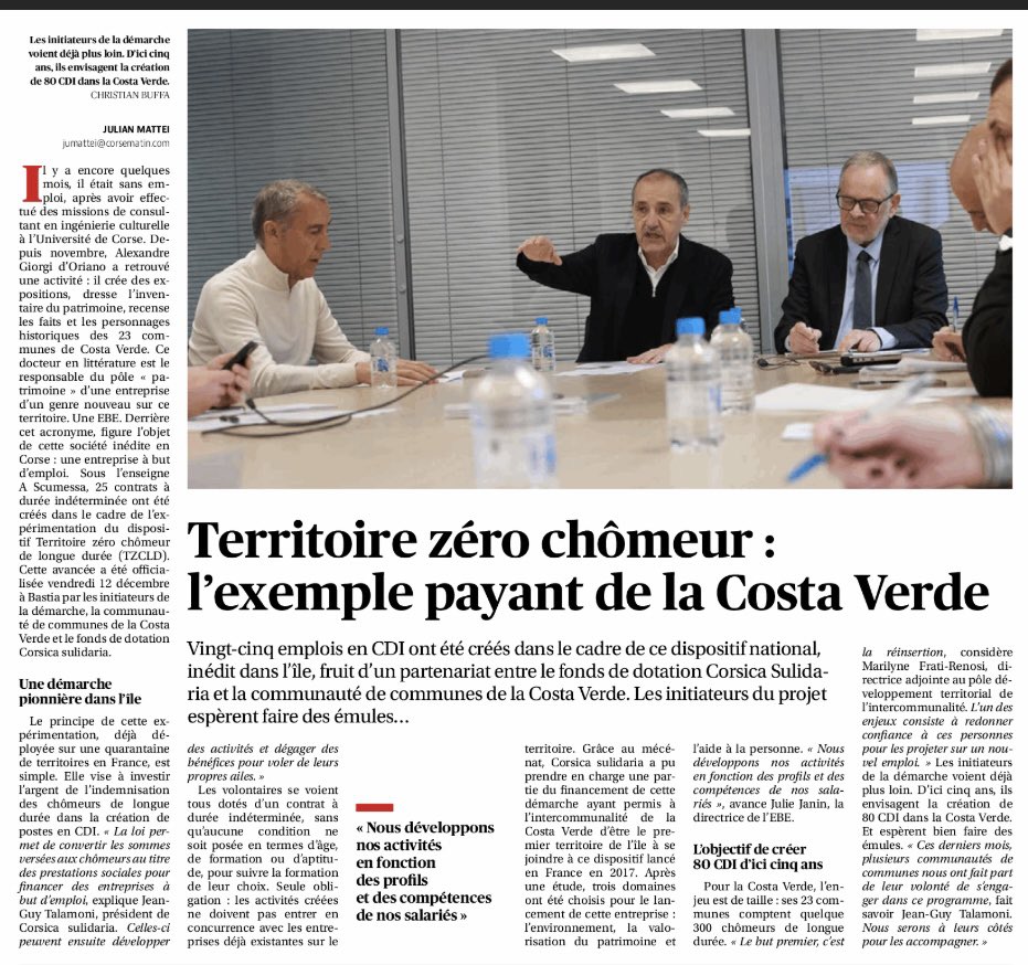 Merci à Julian Mattei et à Corse-Matin pour cet article sur le partenariat entre notre fonds de dotation, Corsica Sulidaria, Costa Verde et Territoire Zéro Chômeur de Longue Durée, ayant déjà conduit à la création de 25 CDI.