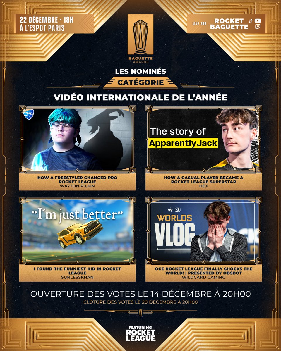 ✨ #BaguetteAwards - Les nominés pour la Vidéo Internationale de l'année sont...

<a href="/WaytonPilkin/">Wayton</a> - youtu.be/U8ku5wcAXm4
Hex - youtu.be/1hvbYMl7kuw
<a href="/SunlessKhan/">Sunless</a> - youtu.be/s9LEsDSmCkE
<a href="/Wildcard_GG/">Wildcard</a> - youtu.be/Vn9Xyps2Wl4

📅 Ouverture des votes le 14.12 à 20:00.
🗳️