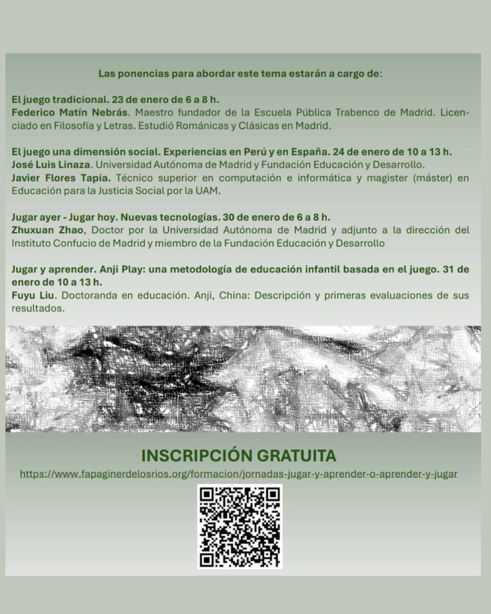 Del 23 al 31 de enero, tendrán lugar las Jornadas “Jugar y aprender o aprender y jugar. Un binomio inseparable”. 
🗓️4 sesiones: 23, 24, 30 y 31 de enero
 📌Facultad de Formación del Profesorado  y Educación de la UAM
+ Info e inscripción👇
fapaginerdelosrios.org/formacion/jorn…
