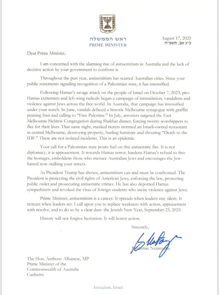 In Israel, they warned and alerted about the rising antisemitism in Australia.

This is the letter the Prime Minister of Israel sent to the Prime Minister of Australia last August