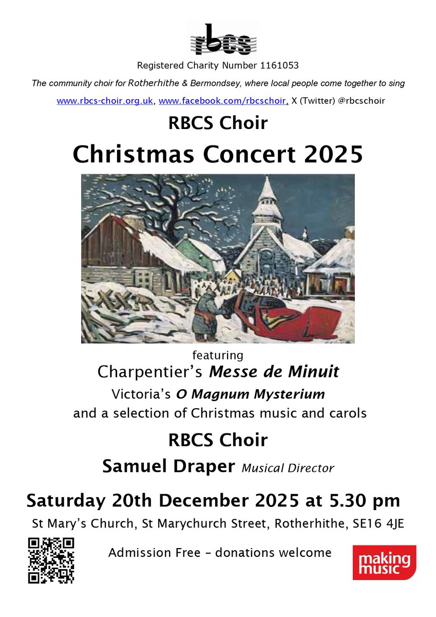 rbcschoir's tweet photo. Christmas is fast approaching, and so is our concert! Join us on the 20th of December at 5:30pm, at St Mary's Church, #Rotherhithe, and enjoy the Messe de Minuit, O Magnum Mysterium and a selection of carols.

Admission is free - we'd love to see you there! 🎄 https://t.co/ESN7n0YKOU