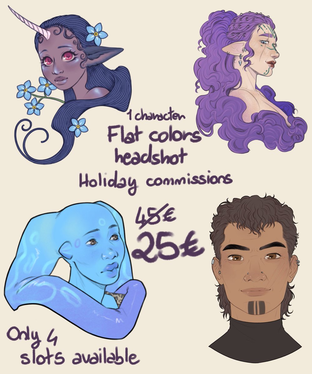 I am opening only four slots of headshots at a discounted price for the holidays! All other kinds of commissions are closed, but if you’d like to give a present to someone, or just as a gift for yourself, then send me references of the character you’d like me to draw!💖