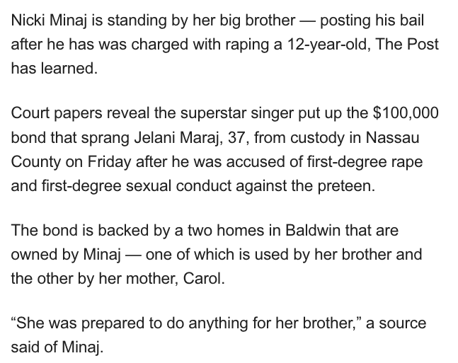 hehimta's tweet photo. Nicki Minaj begged, pleaded with the judge in her brothers 11 year-old child rape case. She called him a "kind" man. She risked both of her homes to temporarily bail him out.

This woman also has a child with a sexual predator.

Nicki Minaj is a danger to children. https://t.co/fJLk80QokM