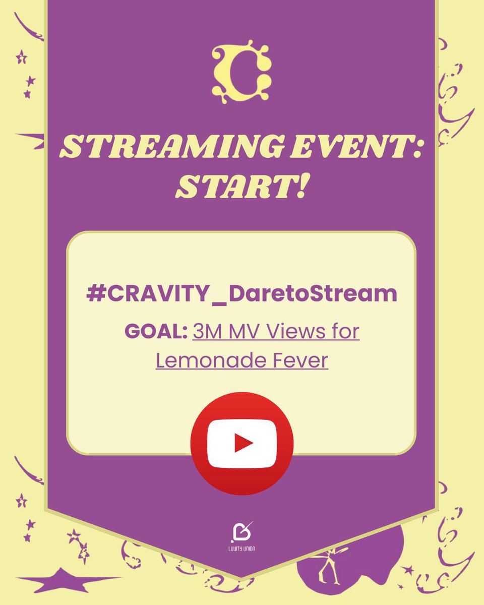 LUVITYs ! The streaming event starts now! Joins us as we stream Lemonade Fever together.

Don’t forget to like, share and comment 🍋

Drop your streaming proof with the #CRAVITY_DaretoStream

🔗: youtu.be/SksA5JlCtI8?si…