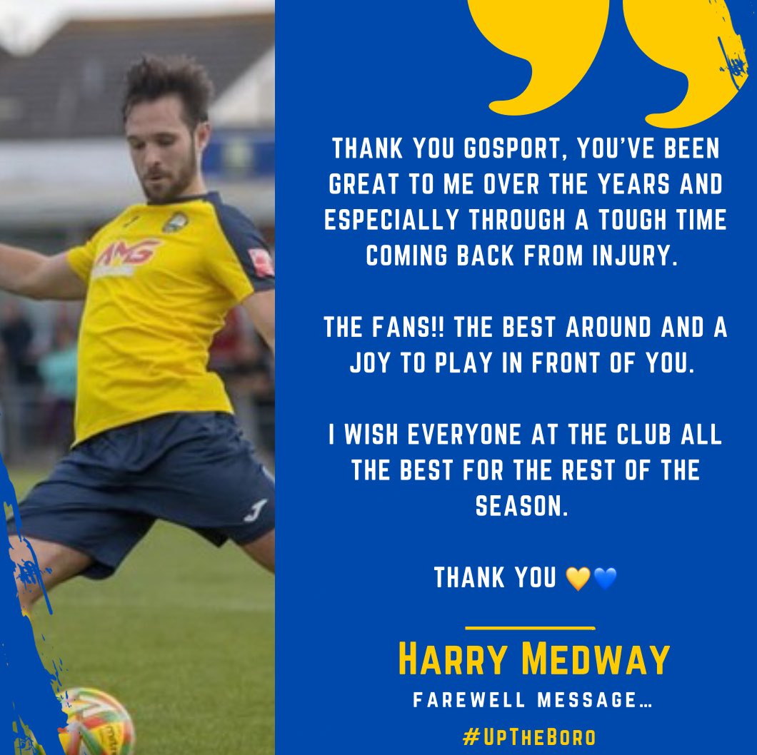 GosportBFC's tweet image. The club can confirm the departure of Harry Medway.

Harry, has been a great servant for this club over the last few years. We wish Harry all the best for the future 🤝

👉 Swipe right to read Harry’s farewell message to the Gosport fans.

#UpTheBoro #UTB