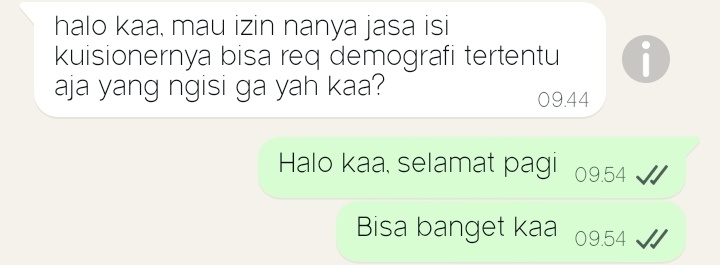 Rulispacee's tweet image. Mau request responden dari daerah tertentu? Atau usia tertentu? Bisa bangett, disini semuanya adaa 😋

Cuss langsung aja order jasa joki isi kuesioner ke sini. Free request, always open 24/7, dan dijamin real human

Order ke wa.me/+6283199060034 yaa
#jokiresponden