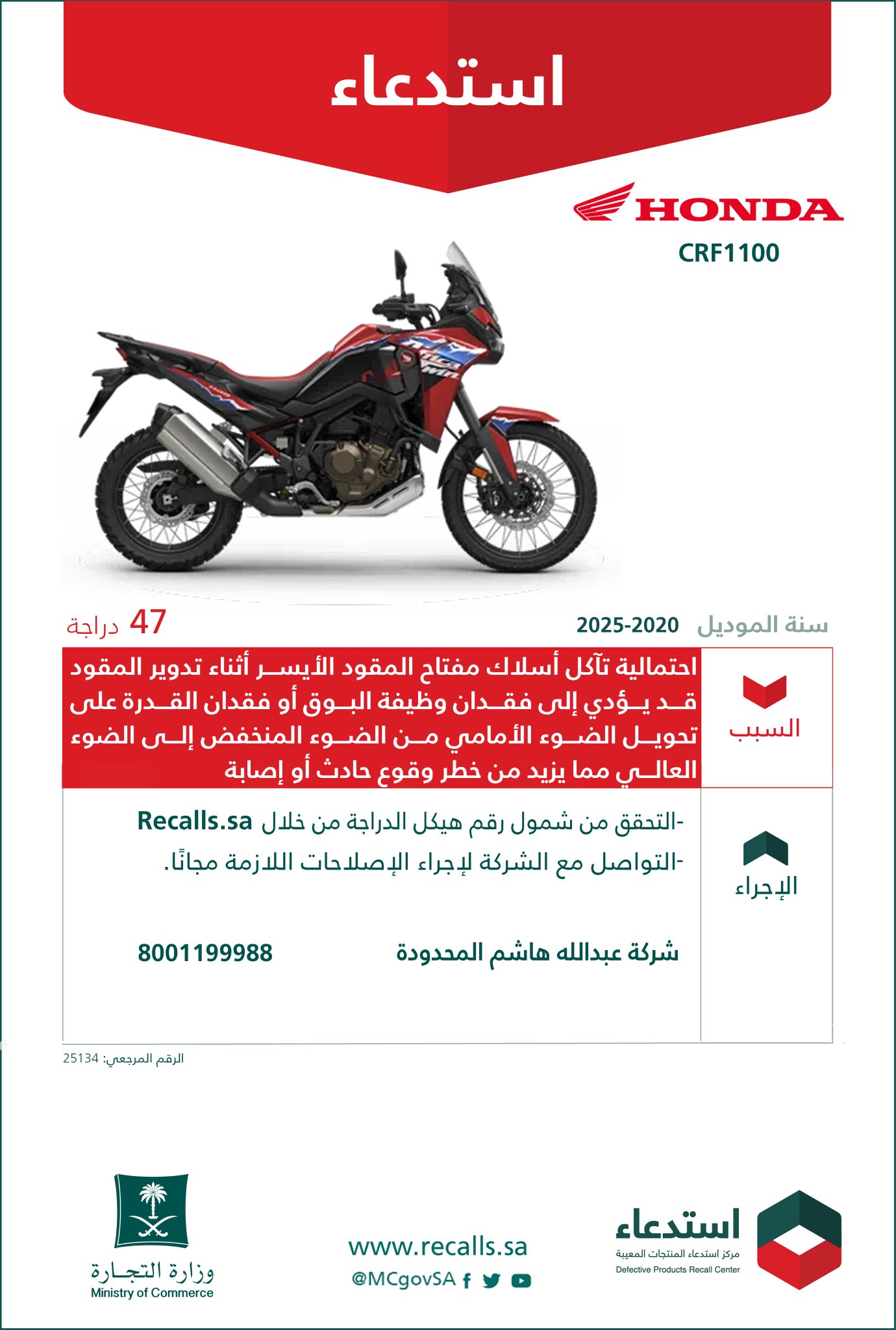 إنفوجرافيك .. " التجارة": استدعاء 47 دراجة "هوندا CRF1100" لاحتمالية تآكل أسلاك المقود 