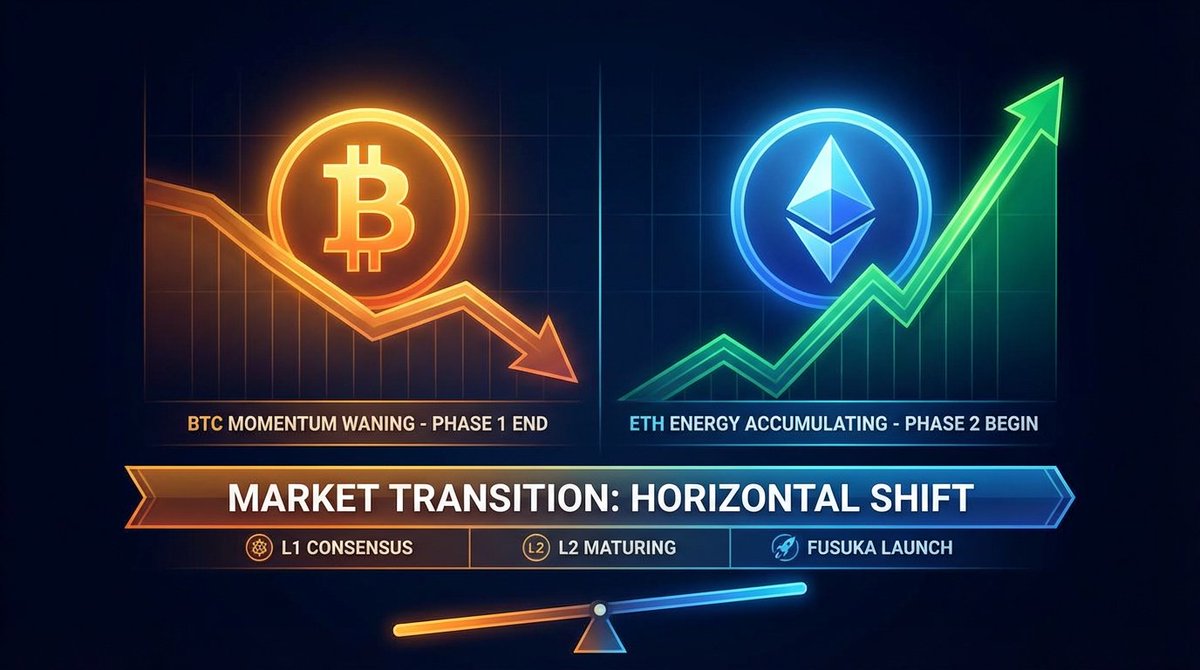 The momentum driving the market with BTC is waning.

This marks the end of the first phase of the bull market and the beginning of the second.

On the other hand, ETH's energy continues to accumulate.

The market is transitioning from BTC-dominated to ETH-dominated.

Everyone