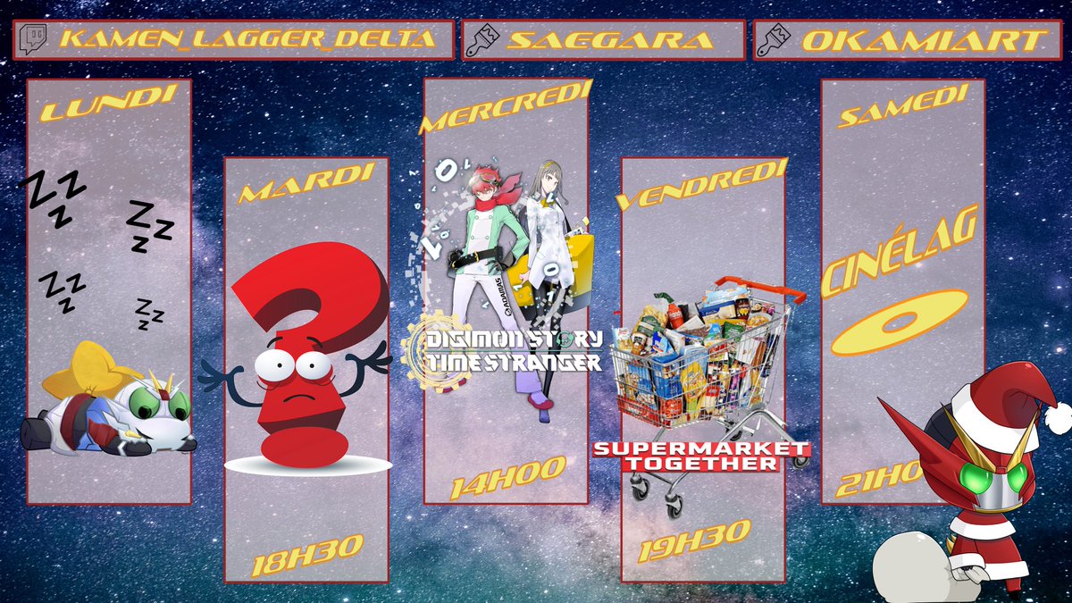 Delta__Striker's tweet image. Hello, voici le planning du 15 au 21 décembre
Lun: OFF chez @Shizu_Onoki_0v0  
Mar 18h30: Cobblemon ou Ecarlate
Mer 14h: Digimon Story Time Stranger
Ven 19h30: Supermarket Together avec @Shizu_Onoki_0v0   @ProfShlag  @AthemosVT  @KeolaKumaneko    @Esliane_ 
Sam 21h: Cinélag